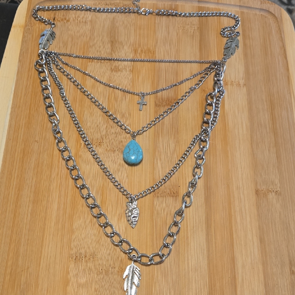 Silver Tone Layered Necklace with Pendants - Picture 1 of 7